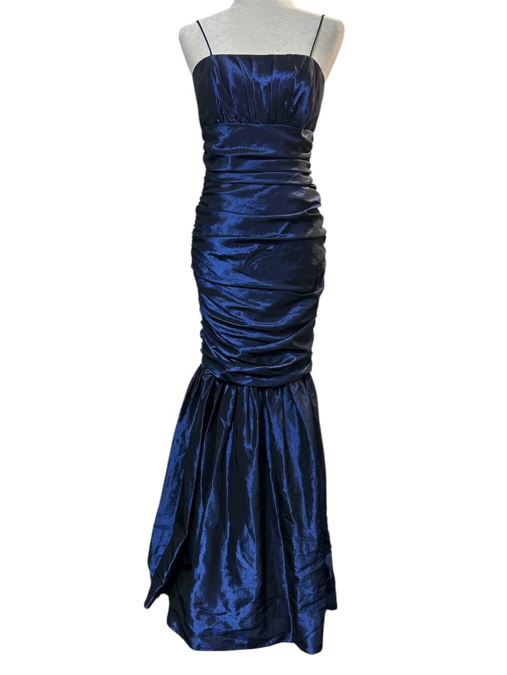 Vintage Fiesta Ruched Spaghetti Strap Square Neck Prom Gown Dress Blue Size M